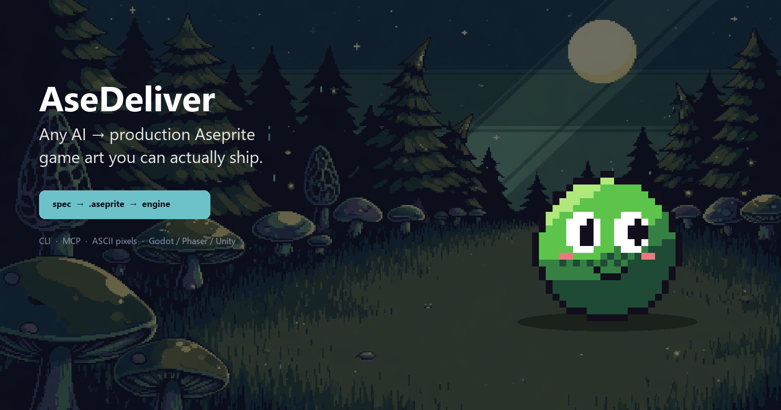 AseDeliver hero: pixel night forest and a green slime sprite