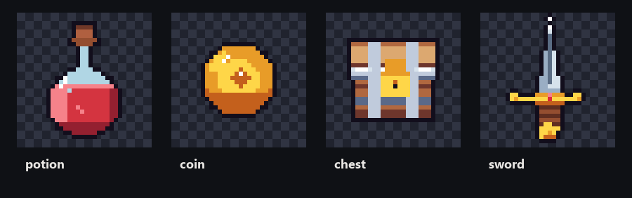 Potion, coin, chest and sword pixel props