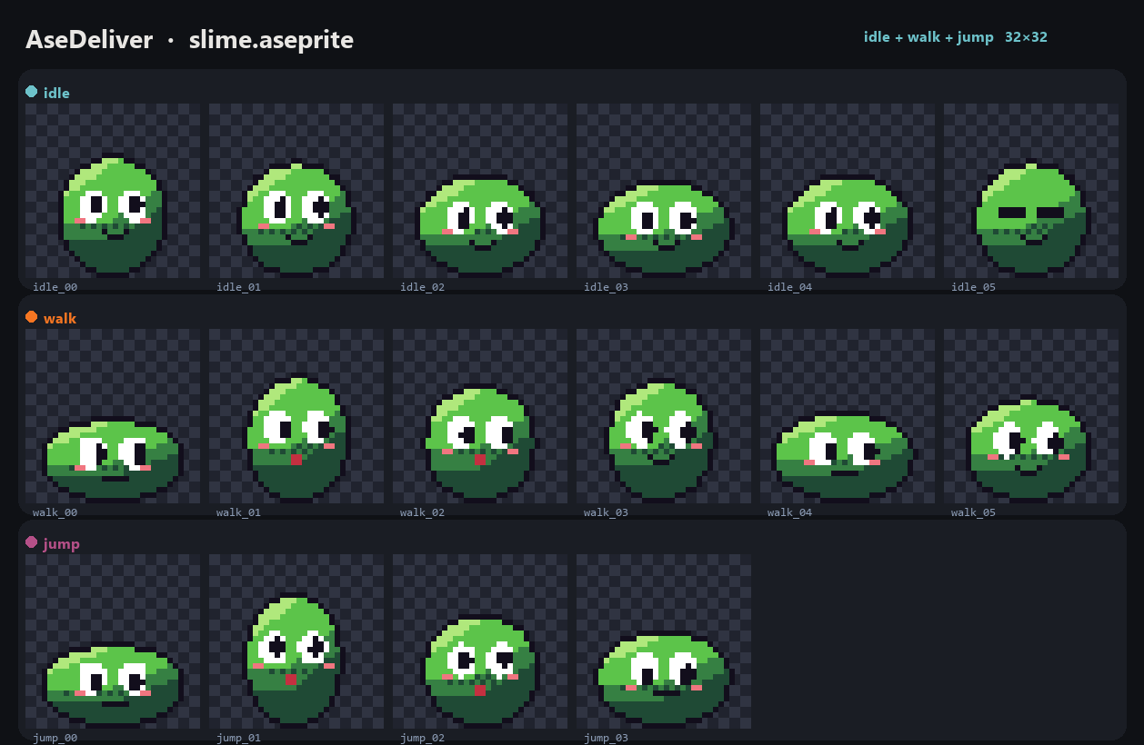 16x16 slime sprite sheet with idle and walk tags